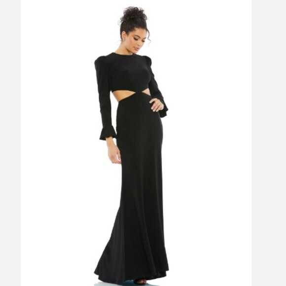 Mac Duggal Long Sleeve Puff Shoulder Cut Out Gown - Picture 1 of 9